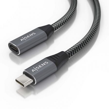 Cable Alargador USB 3.2 Aisens A107-0760/ USB Tipo-C Macho – USB Tipo-C Hembra/ Hasta 100W/ 20Gbps/ 50cm/ Gris