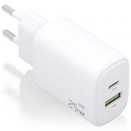Cargador de Pared GaN Aisens A110-0911/ 1xUSB Tipo-C/ 1xUSB/ 25W/ Blanco