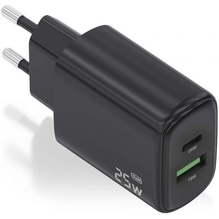 Cargador de Pared GaN Aisens A110-0912/ 1xUSB Tipo-C/ 1xUSB/ 25W/ Negro