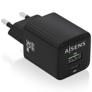 Cargador de Pared GaN Aisens ASCH-30W2P038-BK/ 1xUSB Tipo-C/ 1xUSB/ 30W