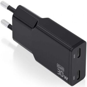 Cargador de Pared GaN Aisens ASCH-30W2P049-BK/ 2xUSB Tipo-C/ 30W/ Negro