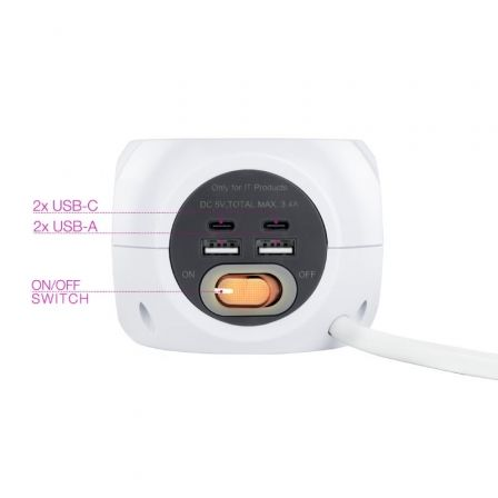 Regleta Nanocable 10.37.0001/ 3 Tomas de corriente/ 2 USB - 2 USB Tipo-C/ Cable 1.4m/ Blanca - Imagen 3