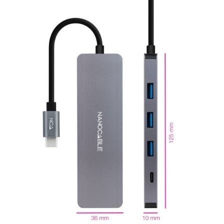 Hub USB Tipo-C Nanocable 10.16.4409/ 3xUSB/ 1xUSB Tipo-C/ Gris - Imagen 2
