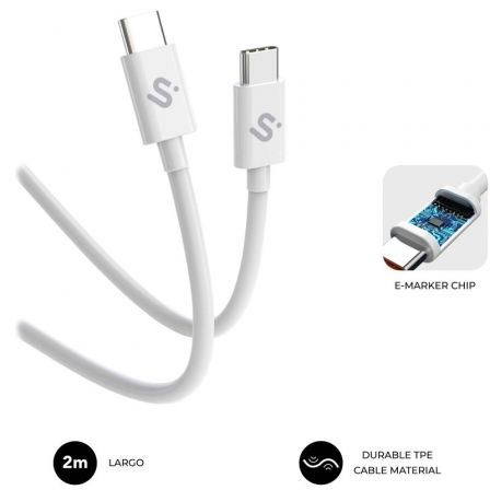 Cable USB 2.0 Tipo-C Subblim Cable Plus/ USB Tipo-C Macho - USB Tipo-C Macho/ Hasta 100W/ 480Mbps/ 2m/ Blanco - Imagen 2