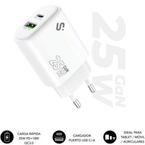 Cargador de Pared GaN Subblim 25W Charger USB C+A/ 1xUSB Tipo-C/ 1xUSB/ 25W