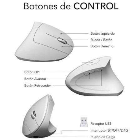Ratón Vertical Inalámbrico por Bluetooth/ 2.4GHz Subblim Glide Vertical Ergo Dual Battery/ Batería Recargable/ Hasta 1600 DPI/ Blanco - Imagen 4