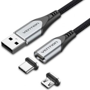 Cable de Carga Magnético USB Tipo-C con Adaptador MicroUSB Vention CQMHD/ MicroUSB Macho - USB Tipo-C Macho/ USB Macho/ Hasta 60W/ 480Mbps/ 50cm/ Gris