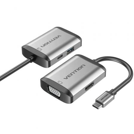 Conversor Vention TFAHB/ 1xUSB/ 1xHDMI/ 1xVGA/ 1xUSB Tipo-C PD/ Gris