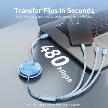 Cable USB Retráctil Vention TRJBBE/ USB Macho - Lightning/ 2xUSB Tipo-C/ Hasta 17.5W/ 10Gbps/ 1.1m/ Negro - Imagen 3