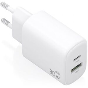 Cargador de Pared GaN Aisens A110-0977/ 1xUSB Tipo-C/ 1xUSB/ 30W/ Blanco