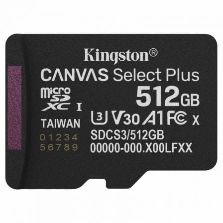 Tarjeta de Memoria Kingston CANVAS Select Plus 512GB microSD XC/ Clase 10/ 150MBs