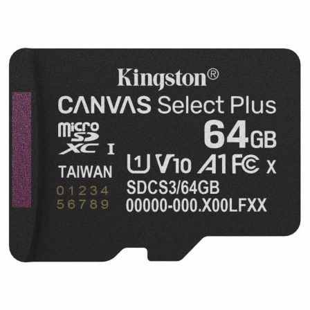 Tarjeta de Memoria Kingston CANVAS Select Plus 64GB microSD XC/ Clase 10/ 100MBs