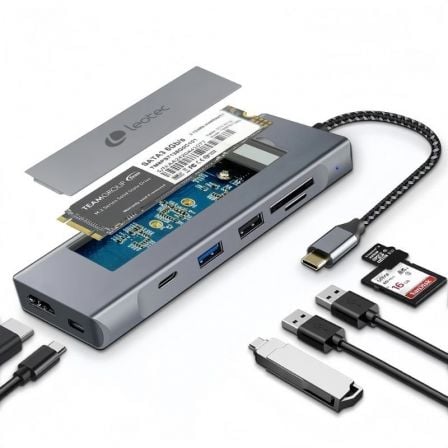 Docking USB Tipo-C Leotec LEDS07/ Ranura SSD M.2/ 2xUSB/ 1xUSB Tipo-C/ 1xHDMI 4K/ 1xLector Tarjetas SD y MicroSD/ 1xUSB Tipo-C PD
