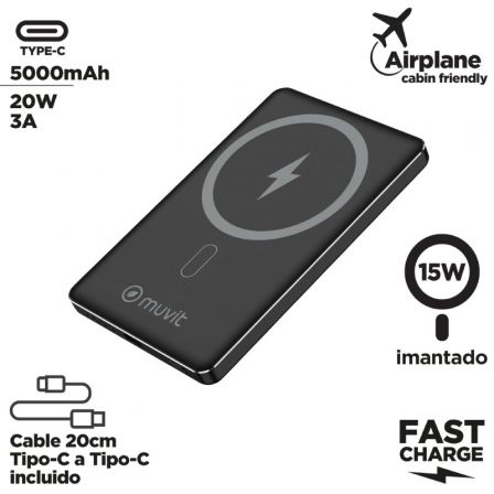 Powerbank 5000mAh Muvit For Change MCCHP0009/ 20W/ Wireless/ Negra/ Incluye Cable USB Tipo-C - Imagen 2