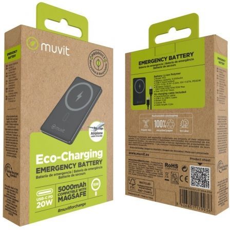 Powerbank 5000mAh Muvit For Change MCCHP0009/ 20W/ Wireless/ Negra/ Incluye Cable USB Tipo-C - Imagen 3