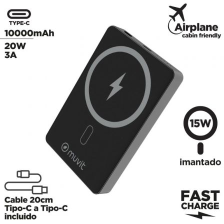 Powerbank 10000mAh Muvit For Change MCCHP0010/ 20W/ Wireless/ Negra/ Incluye Cable USB Tipo-C - Imagen 3