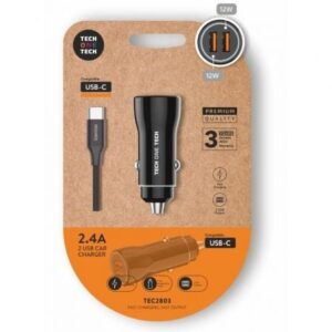 Cargador de Coche Tech One Tech TEC2803/ 2xUSB + Cable USB Tipo-C/ 12W