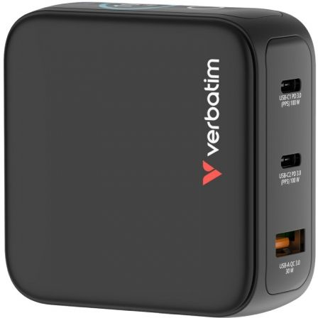 Cargador de Pared Universal GaN para Viaje Verbatim Mini GaN Charger Con Pantalla/ 2xUSB Tipo-C/ 1xUSB/ 100W