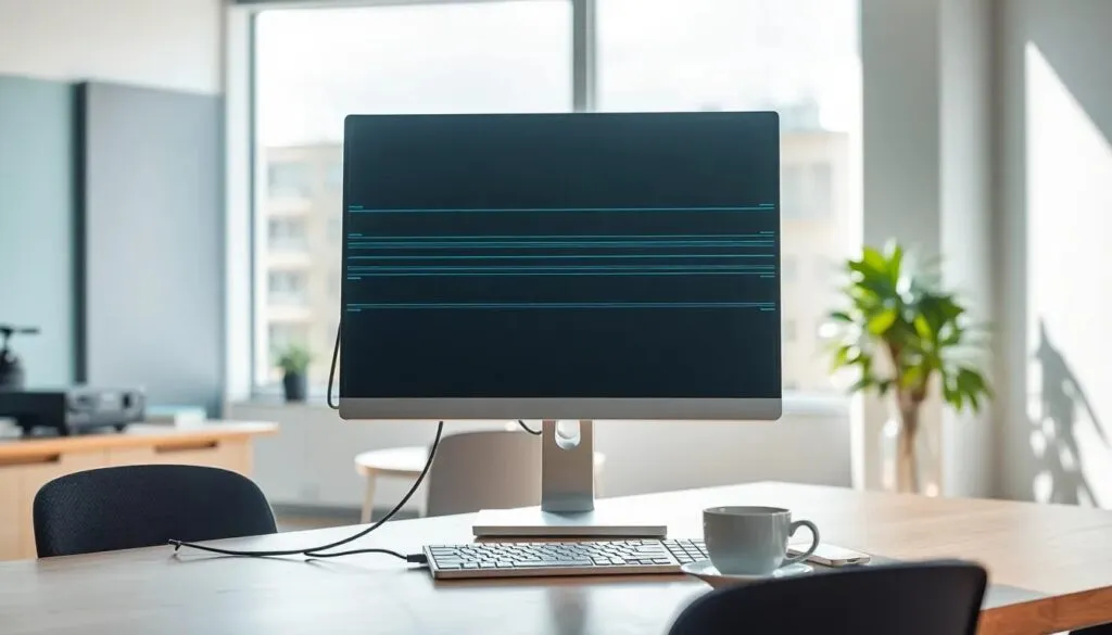 Ordenador de sobremesa que tiene la pantalla con líneas: pantalla, cable o gráfica